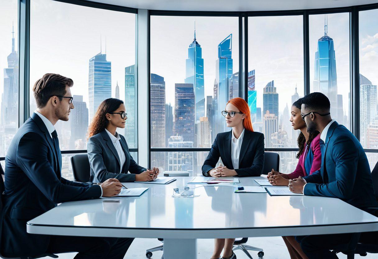 A futuristic office setting with diverse professionals engaging in job interviews, using advanced AI tools and holographic interfaces. The background shows a cityscape with towering smart buildings. super-realistic. vibrant colors. white background.