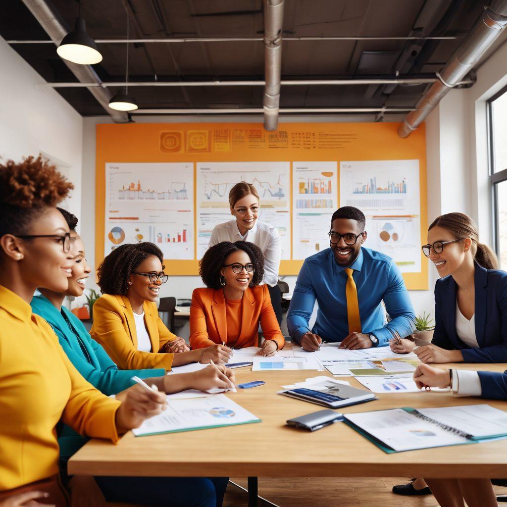 A dynamic office scene showcasing diverse individuals collaborating in a professional environment; some transitioning from temporary to permanent positions. Include a pathway or timeline visually representing their career growth. Emphasize teamwork and mentorship. vibrant colors. super-realistic.