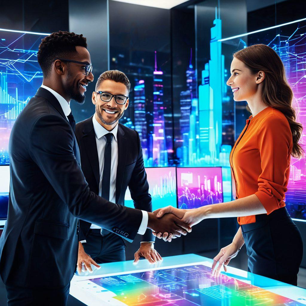 A futuristic office scene with diverse professionals collaborating enthusiastically, while advanced AI mechanisms analyze data on holographic screens. A confident recruiter shakes hands with an excited candidate, signifying successful placement. Background elements include modern cityscape views and interconnected networks symbolizing streamlined processes. super-realistic. vibrant colors. high-tech atmosphere.